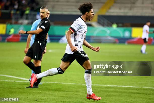 Kevin Schade of Germany celebrates the second goal to 2-2 during the 2022 UEFA European Under-21 Championship Qualifier match between Germany and...