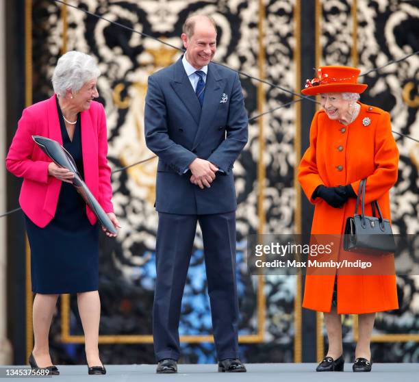 Dame Louise Martin , Prince Edward, Earl of Wessex and Queen Elizabeth II attend the launch of the Queen's Baton Relay for Birmingham 2022, the XXII...