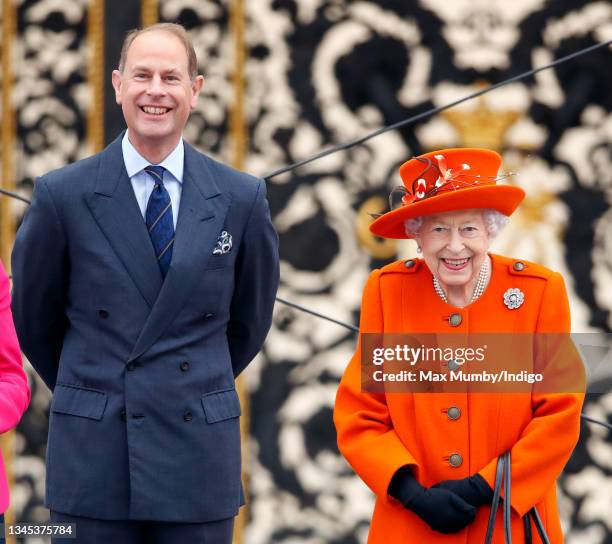 Prince Edward, Earl of Wessex and Queen Elizabeth II attend the launch of the Queen's Baton Relay for Birmingham 2022, the XXII Commonwealth Games at...