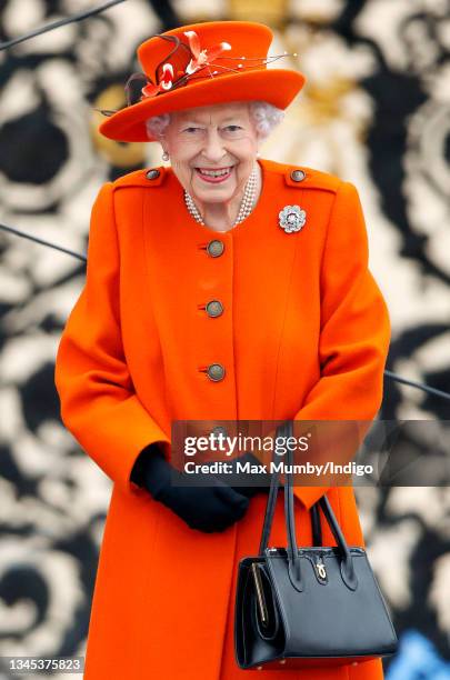 Queen Elizabeth II , wearing her Nizam of Hyderabad diamond rose brooch, attends the launch of the Queen's Baton Relay for Birmingham 2022, the XXII...