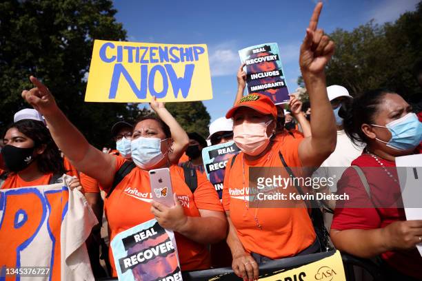 Immigration activists rally near the White House on October 07, 2021 in Washington, DC. The group demonstrated for immigration reform and urged...