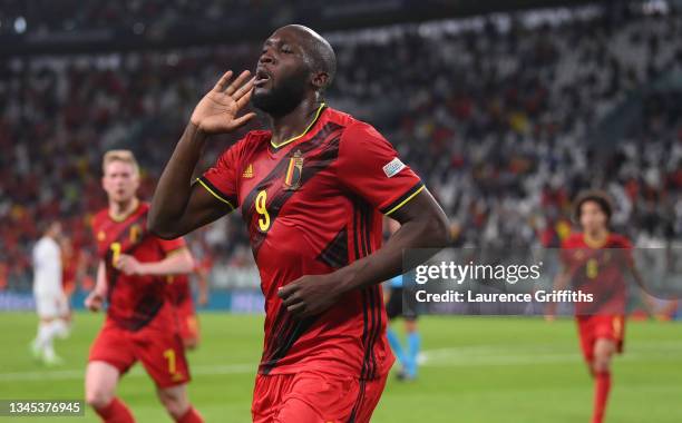 Romelu Lukaku of Belgium celebrates after scoring their side's second goal during the UEFA Nations League 2021 Semi-final match between Belgium and...