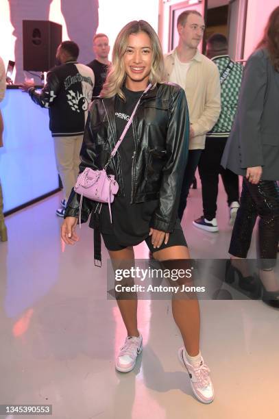 Kaz Crossley attends the boohooMAN x Toby Launch event on October 07, 2021 in London, England.