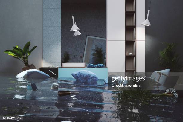 flooded bathroom - flooded home stockfoto's en -beelden