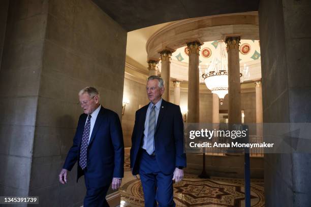 Sen. Jim Inhofe and Sen. Tommy Tuberville arrive to a meeting with Republican Senators on their party's plan for the vote on the debt limit at the...