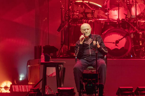 Phil Collins of Genesis performs on stage "The Last Domino Tour" at The SSE Hydro on October 07, 2021 in Glasgow, Scotland.