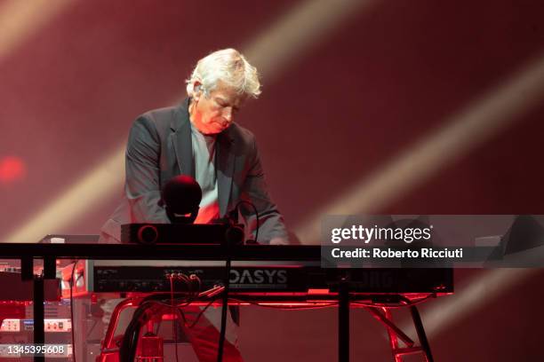 Tony Banks of Genesis performs on stage "The Last Domino Tour" at The SSE Hydro on October 07, 2021 in Glasgow, Scotland.