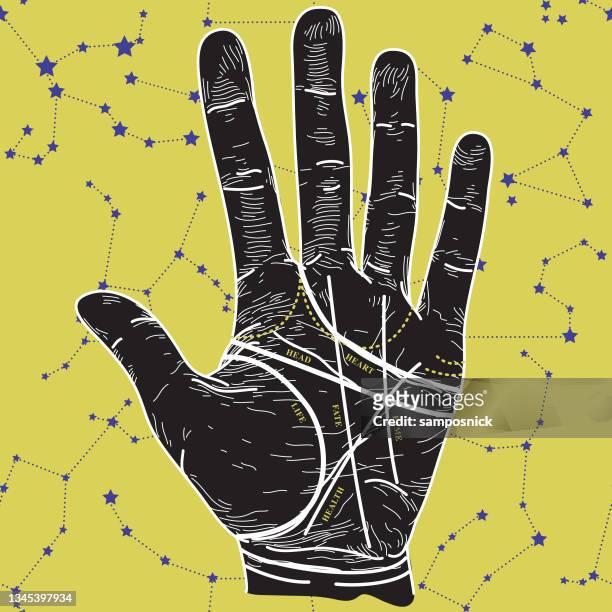 stockillustraties, clipart, cartoons en iconen met vintage look detailed palmistry hand on constellation background - handpalm