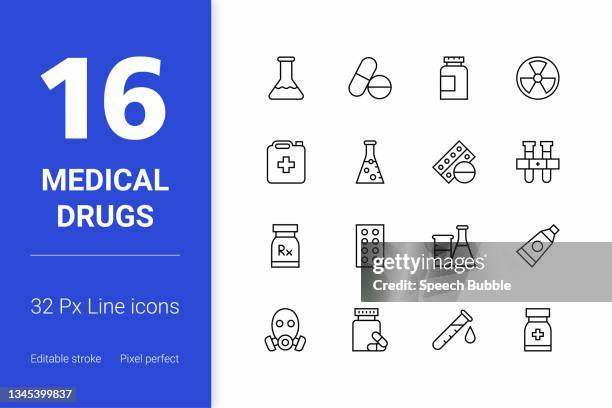 medical drugs editable stroke line icons - pill bottle stock illustrations