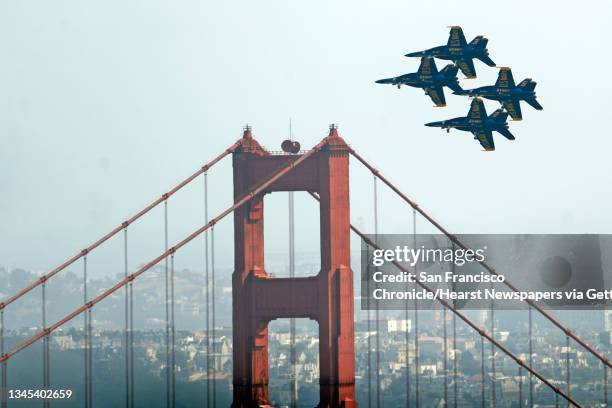 The US Navy Blue Angels practice above San Francisco Bay in San Francisco, Calif., on Thursday, October 7, 2021.