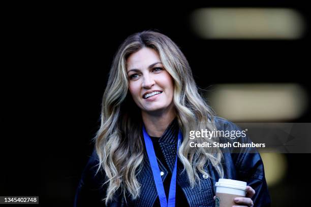 Sportscaster Erin Andrews looks on before the Seattle Seahawks and Los Angeles Rams game at Lumen Field on October 07, 2021 in Seattle, Washington.
