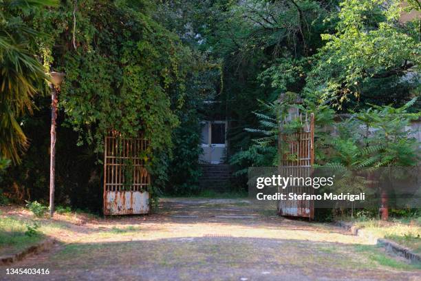 old industrial entrance rusty gate - leaf rust stock pictures, royalty-free photos & images