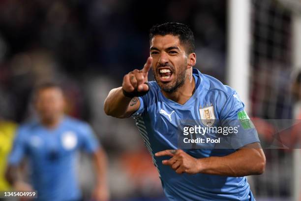 Luis Suarez of Uruguay reacts during a match between Uruguay and Colombia as part of South American Qualifiers for Qatar 2022 at Parque Central...