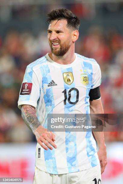 Lionel Messi of Argentina gestures during a match between Paraguay and Argentina as part of South American Qualifiers for Qatar 2022 at Estadio...