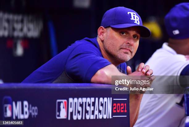 Manager Kevin Cash of the Tampa Bay Rays looks on from the dugout prior to Game 1 of the American League Division Series against the Boston Red Sox...