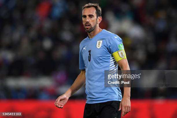 Diego Godin of Uruguay reacts during a match between Uruguay and Colombia as part of South American Qualifiers for Qatar 2022 at Parque Central...