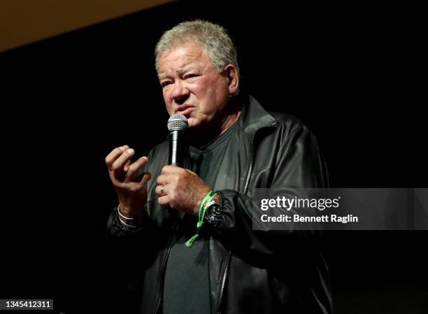 William Shatner speaks at the William Shatner Spotlight panel during Day 1 of New York Comic Con 2021 at Jacob Javits Center on October 07, 2021 in...
