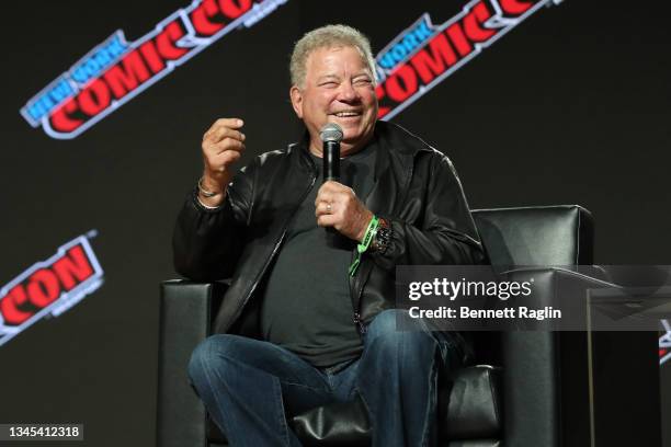 William Shatner speaks at the William Shatner Spotlight panel during Day 1 of New York Comic Con 2021 at Jacob Javits Center on October 07, 2021 in...