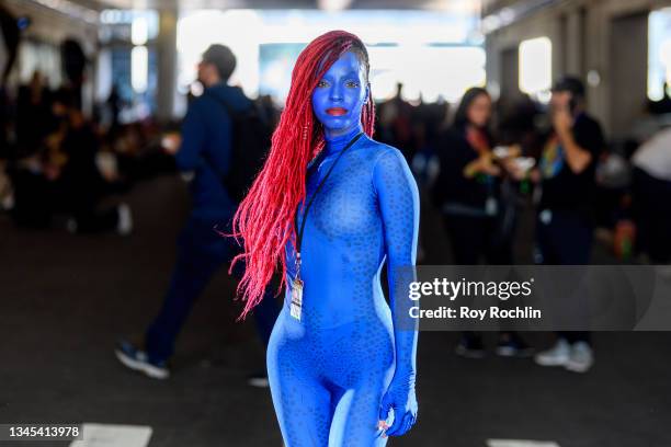 Cosplayer dressed as Mystique from "The X Men" and the Marvel Universe during the first day of Comic Con at Javits Center on October 07, 2021 in New...