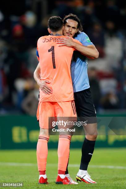 David Ospina of Colombia greets Edinson Cavani of Uruguay after a match between Uruguay and Colombia as part of South American Qualifiers for Qatar...