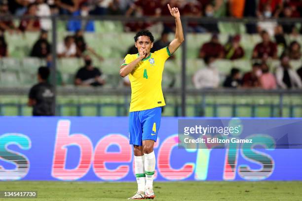Marquinhos of Brazil celebrates after scoring the first goal of his team during a match between Venezuela and Brazil as part of South American...