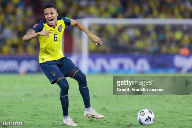 Byron Castillo of Ecuador suffers an injury during a match between Ecuador and Bolivia as part of South American Qualifiers for Qatar 2022 at Estadio...