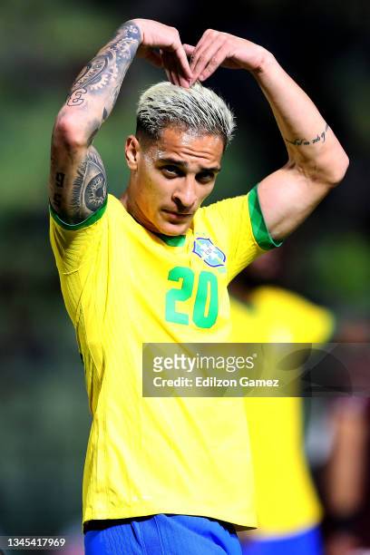 Antony of Brazil celebrates after scoring the third goal of his team during a match between Venezuela and Brazil as part of South American Qualifiers...