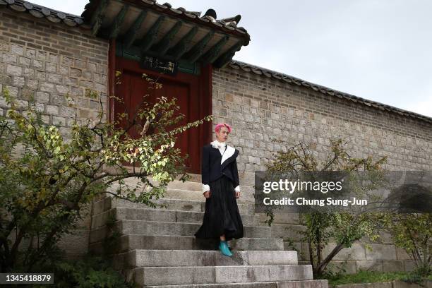 In this image released on October 08 a model showcases designs by CASUSO on the runway as a part of Seoul Fashion Week 2022 SS at Changgyeong Palace...