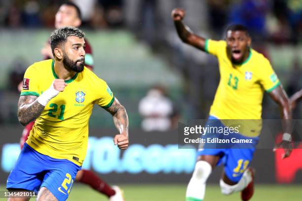 Gabriel Barbosa of Brazil celebrates after scoring the second goal of his team during a match between Venezuela and Brazil as part of South American...