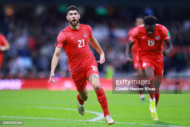 Jonathan Osorio of Canada celebrates after scoring the first goal of his team during the match between Mexico and Canada as part of the Concacaf 2022...