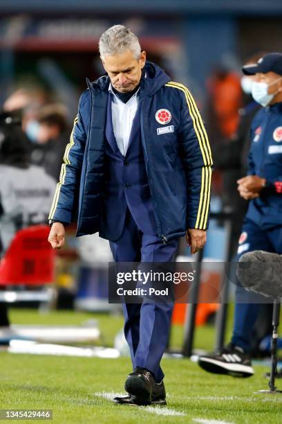 Head coach of Colombia Reinaldo Rueda looks on during a match between Uruguay and Colombia as part of South American Qualifiers for Qatar 2022 at...