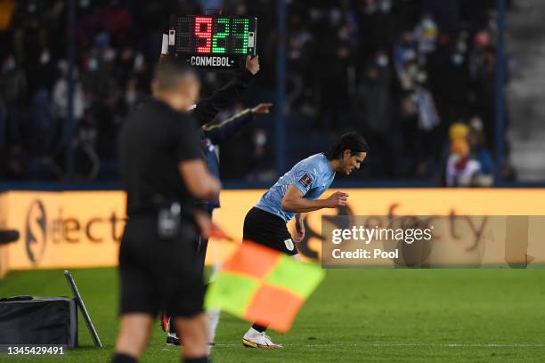 Edinson Cavani of Uruguay enters the pitch at half time during a match between Uruguay and Colombia as part of South American Qualifiers for Qatar...