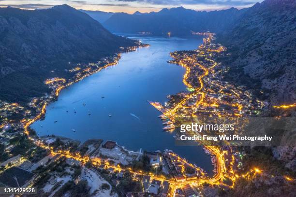 night view of kotor city skyline, kotor bay, montenegro - montenegro photos et images de collection