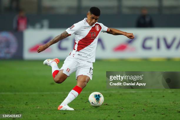 Wilder Cartagena of Peru during a match between Peru and Chile as part of South American Qualifiers for Qatar 2022 at Estadio Nacional on October 07,...