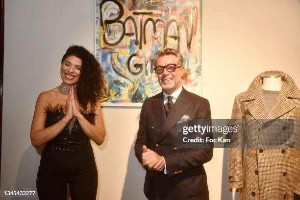 Painter Kay aka Kahina Khaio and Salons/tailor shop Scabal owner Olivier Brehault attend “Deeper" Kay Painting Preview at Salons Scabal on October...