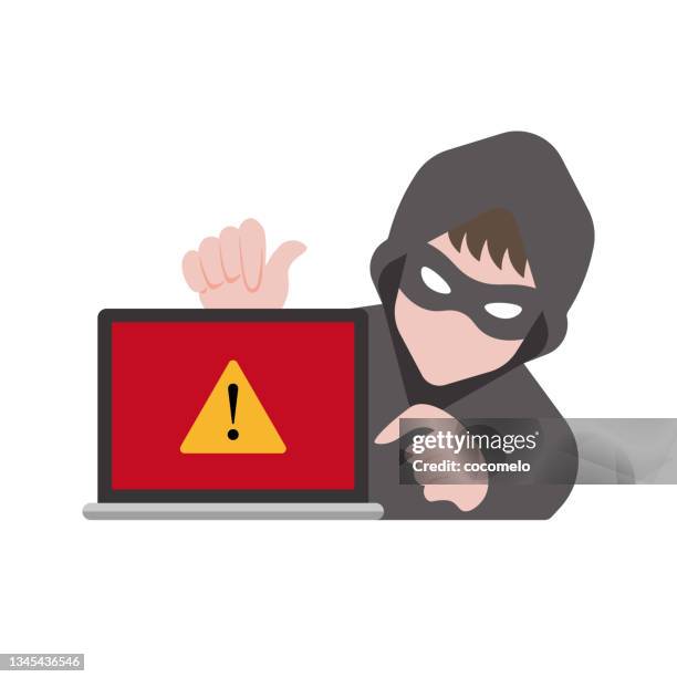 hacker and laptop. - cyber-security-white-background stock illustrations