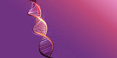 DNA double helix model on a purple background.