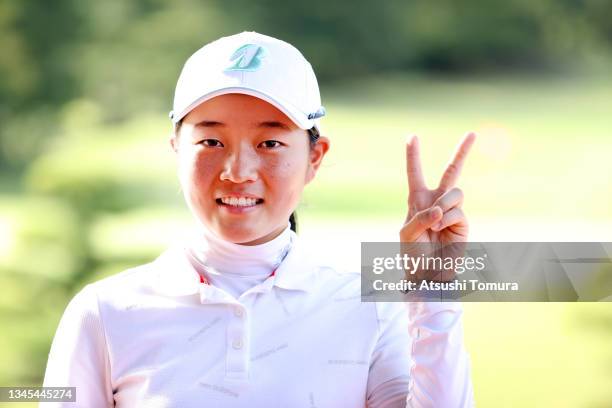 Amateur Miyu Sato of Japan is seen after holing out during the first round of the Stanley Ladies at Tomei Country Club on October 8, 2021 in Susono,...