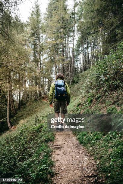 hiker with backpack walking on forest trail - apennines stock pictures, royalty-free photos & images