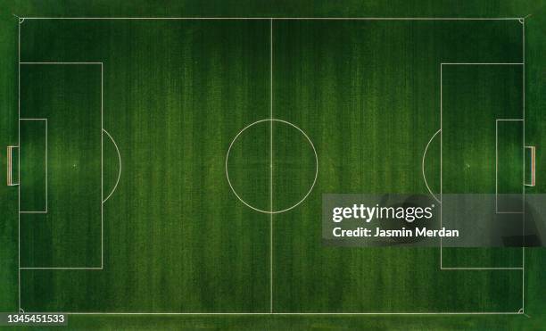 empty green soccer football pitch aerial view - soccer stock pictures, royalty-free photos & images