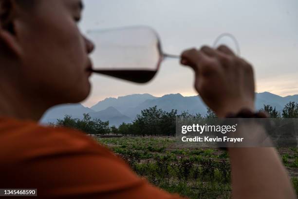 Guest tastes wine as the Helan Mountains can be seen at Silver Heights Winery on September 17, 2021 in Jin Shan, Ningxia Hui Autonomous Region,...