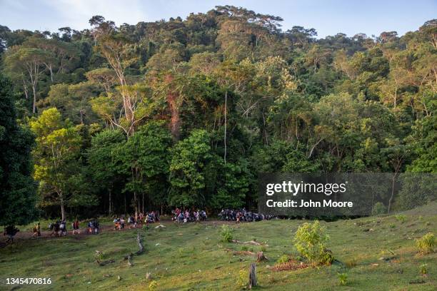 Migrants, most from Haiti, enter the dense rainforest of the infamous Darien Gap while on their journey towards the United States on October 07, 2021...