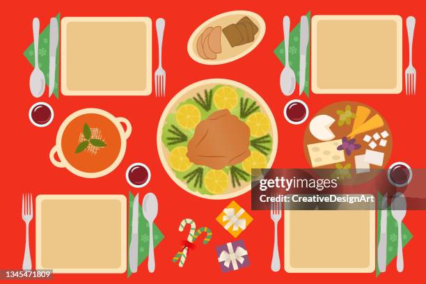 top view of christmas table with roast turkey, soup, cheese board and wine glasses. - christmas dinner stock illustrations