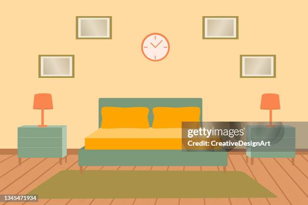schlafzimmer interieur mit doppelbett, nachttisch, leeren bilderrahmen und wanduhr - schlafzimmer stock-grafiken, -clipart, -cartoons und -symbole