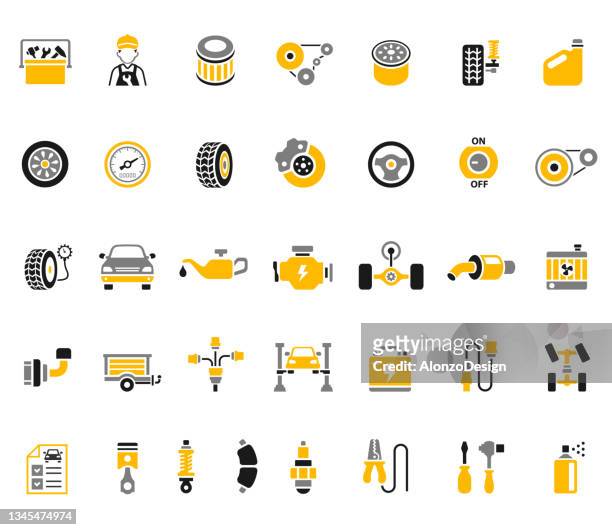 stockillustraties, clipart, cartoons en iconen met car components. auto service icon set. auto repair shop. - garage