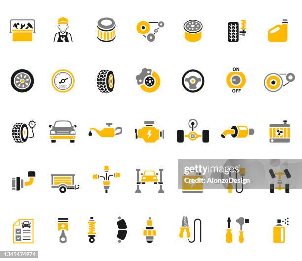 car components. auto service icon set. auto repair shop. - motor vehicle stock illustrations