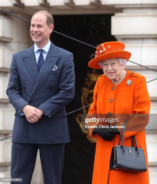 Queen Elizabeth II and Prince Edward, Earl of Wessex attend the launch of The Queen's Baton Relay for Birmingham 2022, the XXII Commonwealth Games at...