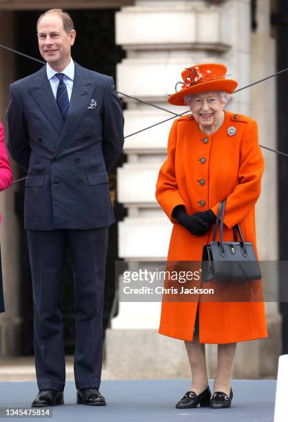Queen Elizabeth II and Prince Edward, Earl of Wessex attend the launch of The Queen's Baton Relay for Birmingham 2022, the XXII Commonwealth Games at...