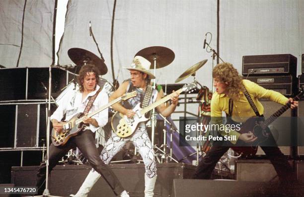 Jim Lea, Dave Hill and Noddy Holder of British band Slade perform on stage at The Monsters of Rock Festival, Donington Park, on August 22nd 1981 in...