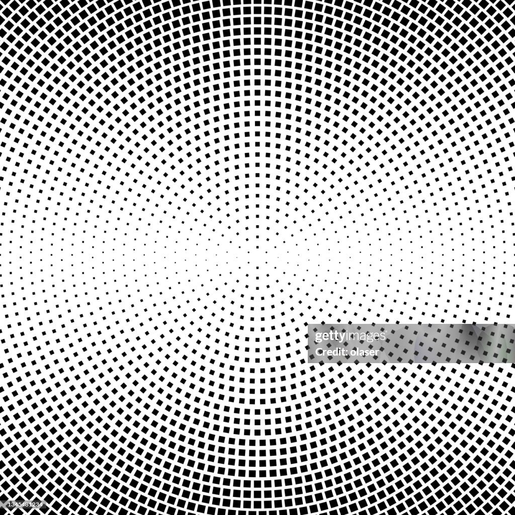 Duo tone circular orbit pattern of squares. Fading to white along horizontal x-axis